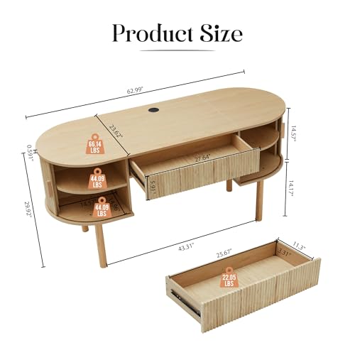 Executive Office Desk with Storage, 63 Inch Large Computer Workstation Desk with Drawer and File Cabinets, Mid Century Modern Fluted Wood Writing Desk for Home Office, Study Room, Living Room, Natural - color: Natural