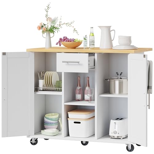 Shintenchi Kitchen Island with Storage, Bar Cart Cabinet Island Table on Wheels, Rolling Microwave Cart for Kitchen with Drop Leaf, Drawers, Towel Rack, Seating Area for Dining Room, White - color: White-42 Inch