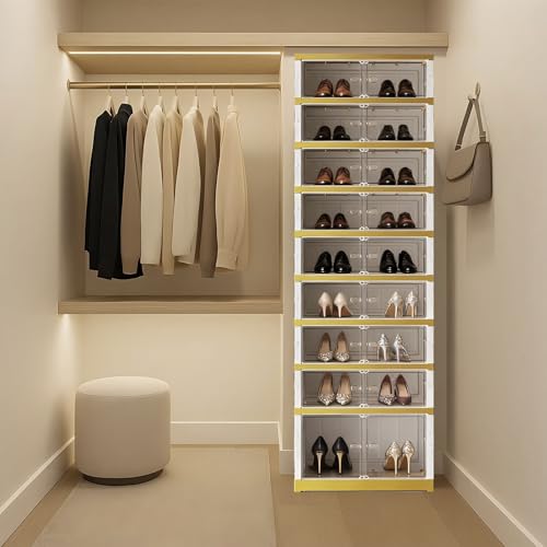 SYNCVIBE Foldable Shoe Rack, 9-Tier, 18 Pairs, 17.3" Wide, White Gold | Foldable Shoe Organizer, Collapsible Shoe Cabinet with Doors, Stackable Shoe Shelves for Closet, Entryway and Living Room - size: 9 Tiers -18 Pairs White Gold