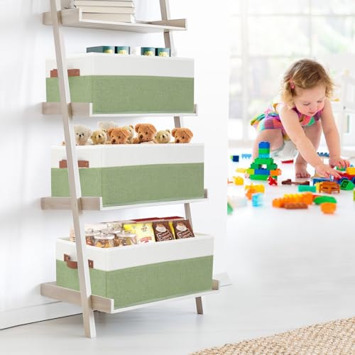 3 Pack Large Capacity Storage Bins Closet Organizer for Shelves | Fabric Closet Storage Baskets Boxes with Leather Handles for Organizing Clothes, Sheets, Jeans, Toys, Books (Green) - style: 3 Pack Green & White
