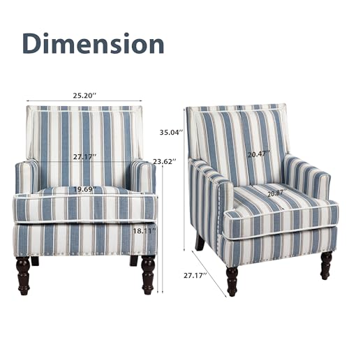 Accent Chair, Comfy Cozy Modern Mid-Century Accent Chairs | Linen Upholstered Lounge Arm chair with Solid Wood Reading Side Padded Single for Living Room/Balcony/Bedroom-Blue Stripe - color: Sackcloth-blue Stripe(s001)