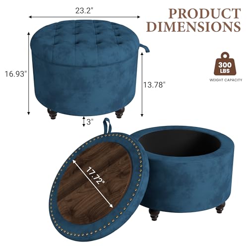 24 Inch Round Storage Ottoman,Modern Tufted Ottomans,Circular Coffee Table with Removable Top,Upholstered Large Ottoman with Storage Footrest Stool for Bedroom Living Room (Blue) - color: Blue, size: 24"D x 24"W x 16.9"H