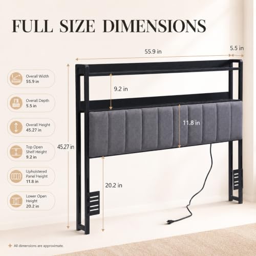 Upholstered Full Headboard with Storage and USB (Full) | bedroom dorm apartment, soft vertical panel, adjustable height, LED Light, bed frame adapters, full size headboard only - size: Full
