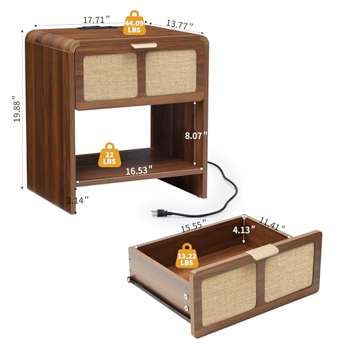 Set of 2 Nightstands with Charging Station, Mid Century Bedside Table | Rounded corner design, charging station, textured drawer front, open shelf storage and compact organization for bedrooms - color: Walnut–linen Drawer Front, size: 2-Pack