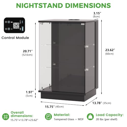 HNEBC LED Nightstand with USB-C Charging Station&Lights for Bedroom-Black | Curio china Cabinet, Motion Sensor Smart Glass RGB Side Table with App Control, Charging Station Tempered Glass Collectiblem - color: 91174-black