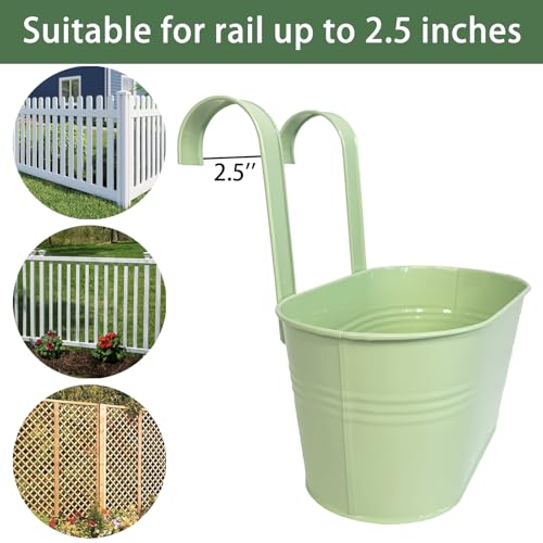 2 Pack 10" Balcony Hanging Metal Fence Planters Flower Pots, Mint Green | Removable hook, Drainage hole, Rustproof, For flowers / herbs / succulents, veggies, For railings / fences / balconies - color: Mint Green