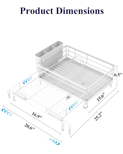 Kitsure Adjustable Dish Drying Rack, 15.6''-25.2''L × 16.9''W, White | Large Dish Drying Rack, Rust-Resistant Dish Racks for Kitchen Counter, With Adjustable Support Legs, Cutlery Holder - color: White