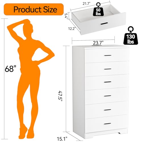 48" Tall Dresser for Bedroom Chest of Drawers with Power Outlets Wood 6 Drawers Dresser with Large Storage Space and Metal Handles Modern Closet Storage Drawer for Living Room Hallway White - color: White