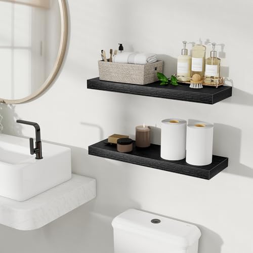 Fun Memories Floating Shelves for Wall, 24 Inch Set of 2 Rustic Wood Wall Shelves with Invisible Brackets, Heavy Duty Storage Display for Living Room Bedroom Kitchen, Black - color: Black, size: 24"W x 6.5"D, Set of 2