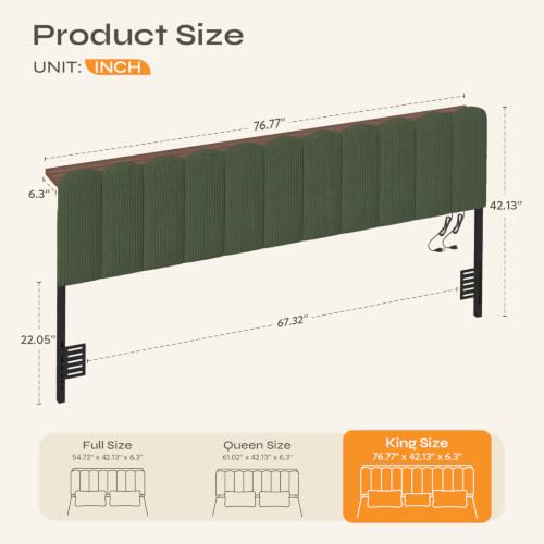 King LED Light Headboard with Storage Shelf, Olive Green | RGB LED 20 colors 21 modes, remote control, scalloped tufted, USB-A & Type-C ports, storage shelf, adjustable, foam padded - color: Olive Green, size: King