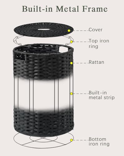 SETVSON Laundry Basket with Lid Round 29.1 Gal PE Rattan, Black | Family Clothes & Blanket Trunk with Lid, Removable Liner Bag with Handles, 2 Mesh Wash Bags, Collapsible Steel Frame - color: Black, size: 110 L