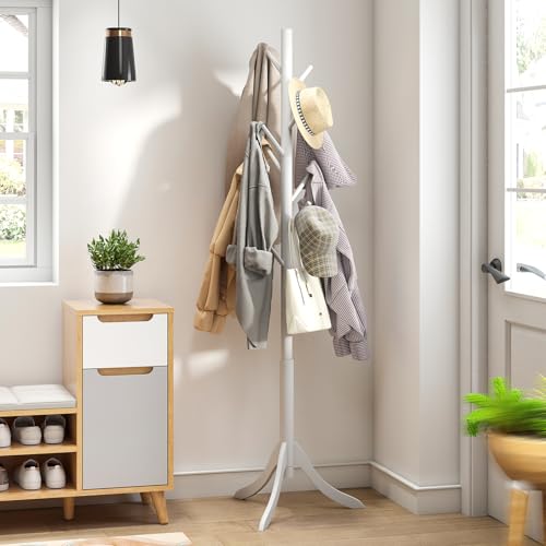 kiplant Coat Rack Stand with 8 Hooks, Adjustable Coat Standing Tree Easy Assembly for Coats, Hats, Scarves and Handbags for Entryway, Hallway, Bedroom, Office (Bamboo, White) - color: White