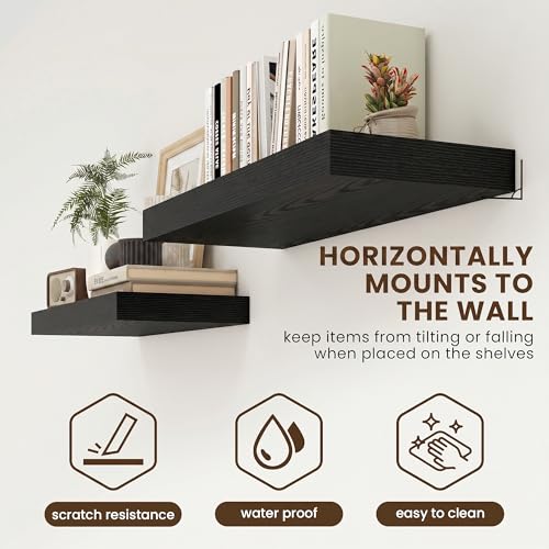 20 Inch Floating Shelves, 12'' Deep Black Shelves for Wall Set of 2 | Invisible Brackets, Engineered Wood, Mounting Hardware Included, 35LBS, Bathroom, Laundry Room, Kitchen, Living Room - color: Black, size: 20W x 11.6D x 2H, 2 Pack