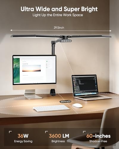 36W LED Desk Lamp with Clamp, Dual-Head Architect Lamp with Remote, Black | Ultra Bright 448-LED 3600LM Office Lamp, 2700K-6500K, Stepless Dimming, 60-Inch Desk Light for Workbenches and Home Offices - color: Black