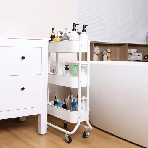 MAX Houser Slim 3-Tier Rolling Utility Cart with Extra Hook, White | Narrow Metal Bathroom Storage Multifunctional Organizer Carts with Wheels with Extra Hook, Laundry Room,Kitchen,Small Space - color: White, size: 3-Tier Narrow Cart