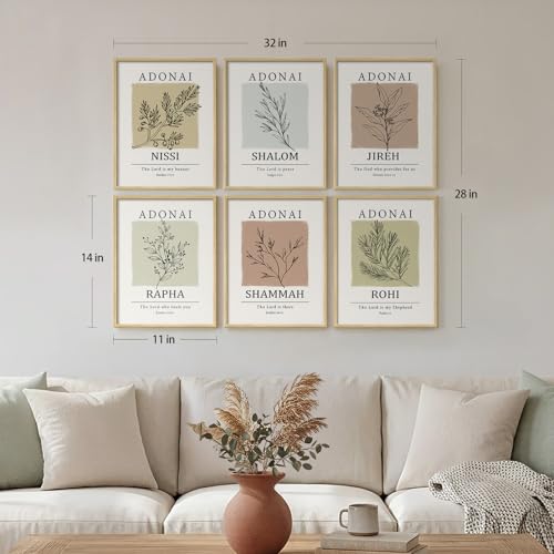 Framed Christian Bible Verse Neutral Wall Art, Minimalist Scripture Religious Canvas Prints, Faith Names of God Boho Botanical Leaf Artwork for Bedroom Living Room Office Hallway Wall Decor, 11x14 In - color: Muted Neutrals, size: 11" W x 14" H x 6Pcs
