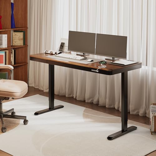 FLEXISPOT Comhar 55" Electric Standing Desk with Storage, Built-in Drawer & USB Charging Ports, Height Adjustable Sit Stand Computer Desk, Quick Assembly, Child Lock, Walnut - size: 55"Dark Walnut/Black