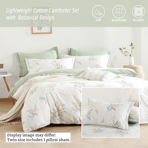 LEMIROE White Cotton Comforter Twin Size 2Pcs - Blue Branches & Orange and Green Buds on White, Chevron Sage Green Back, Reversible Lightweight Bedding Sets with Soft Fill(1 Comfoter, 1 Pillowcase) - color: Botanical Harmony - White & Sage Green, size: Tw