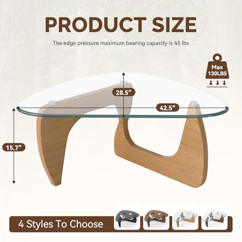 Modern Glass Coffee Table, Triangle Center Table with Tempered Glass Top& Unique Wooden Base, 42.5” Mid Century Tea Tables for Living Room, Apartment, Office,Wood &Transparent - color: Wood & Transparent, size: Large 42.5*28.5*15.7in