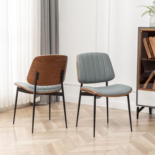 LUNLING Dining Chairs Set of 4 Mid Century Modern Retro Faux Leather Chair with Walnut Bentwood Upholstered Seat Metal Legs Chairs,Adjustable Foot for Kitchen Dining Room Chairs(Blue) - color: Blue, size: Set of 4