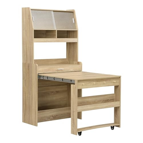 RuiSiSi Space Saving Folding Dining Table for 2-4, Farmhouse Buffet with Hutch and Storage Shelves, Multifunctional Cupboard with Side Hooks for Small Space, Studio, Apartment, Natural - color: Natural