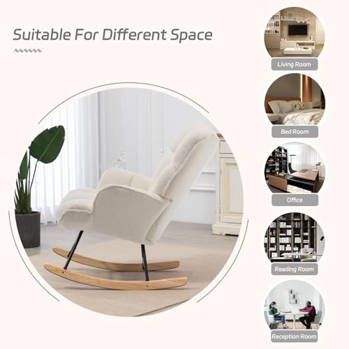 Rocking Chair Nursery Teddy Upholstered Glider Rocker Rocking Accent Chair Padded Seat with High Backrest Armchair Comfy Side Chair for Living Room Bedroom Offices (Ivory Teddy) - color: Ivory