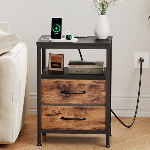 OLIXIS Nightstand with Charging Station, Beside Table with Fabric Drawers | 3-Tier End Table with Storage Shelf, Night Stand with USB Ports and Outlets for Bedroom, Rustic Brown and Black - color: Black and Brown, size: 15.7"Dx11.8"Wx23.6"H(2 Drawers)