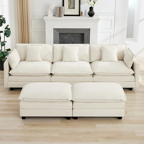 111'' Sectional Cloud Deep Seat Couch, Oversized Chenille U Shaped Sectional Sofa for Living Room Set, Comfy Upholstered Modular 5-Seats Sectional Sofa Couch with 2 Movable Ottoman, Beige - color: Beige, size: 111'' U Shape