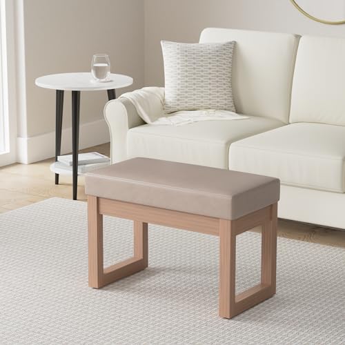 SIMPLIHOME Milltown 27" Wide Vegan Leather Rectangle Ottoman in Ash Blonde | Contemporary ottoman with a cushioned seat for extra seating in the bedroom or living room; footstool, footrest or pouf. - color: Ash Blonde, style: Small Ottoman Bench