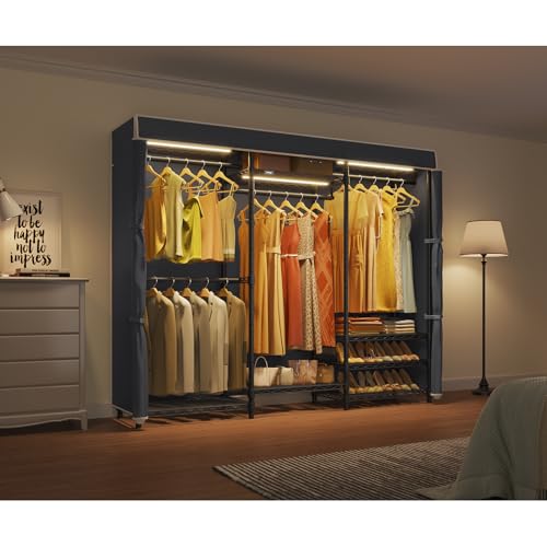 VIPEK V5LC Garment Rack Heavy Duty Covered with Dimmable LED Light 3000K Warm White, Portable Closet Wardrobe Freestanding for Hanging Clothes, Black with Cover - color: Black Rack With Black Cover, style: V5LC