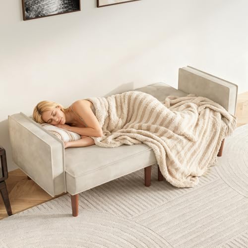 Furnify 71" Velvet Futon Sofa Bed, Versatile Loveseat Couch, Sleeper Sofa with Adjustable Backrest, Mid Century Modern Futon Couch for Small Space, Living Room, Office & Apartment, Velvet Fabric Beige - color: Beige