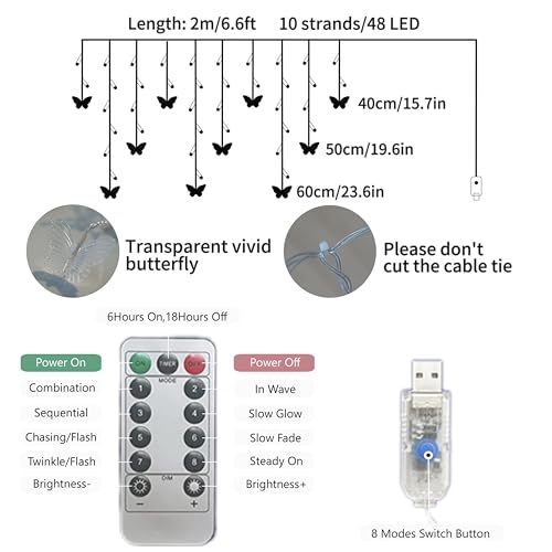 Butterfly Curtain Lights, 6.6ft 48 LED 10 Butterflies with Timer Warm White | USB Remote, 8 Modes, Window Fairy Lights, For Bedroom Wedding Party Holiday Decor
