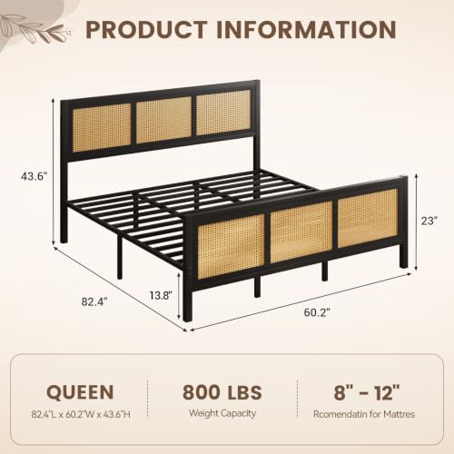 IMMERSTABLE Rattan Queen Bed Frame with Headboard and Footboard, Boho Metal Platform Bed Frame Queen Size with 13.8 in Under Bed Storage, Heavy Duty Metal Slat Support, No Box Spring Needed, Black - color: Black, size: Queen