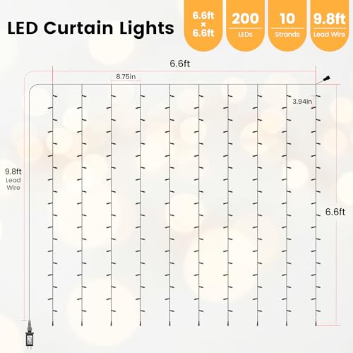 HEYFUNi 6.6FT x 6.6FT Warm White Curtain Lights Plug in, 200 LED | Window String Lights With Remote, 8 Modes, Timer, Memory, Connectable Fairy Lights for Bedroom, Wall, Wedding, Dorm Decor - color: Warm White, size: 6.6ft*6.6ft