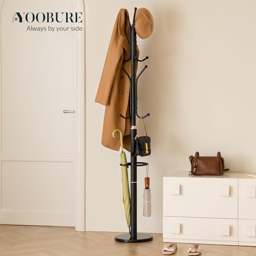 Yoobure Metal Coat Rack Freestanding with Marble Base, Coat Tree with 12 Hooks & Umbrella Holder, Coat Hanger Stand for Corner Entryway Bedroom Office, Heavy Duty Coat Rack Stand for Clothes Hats Bags - color: Black