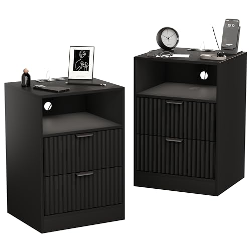 Fluted Nightstand Set of 2, LED Nightstand with Charging Station, Wood Nightstands with 2 Drawers & Metal Handles, Modern Bedside Table & End Tables, Farmhouse Night Stands for Bedroom, Black - color: Black, style: LED 2 Drawers-2 PCS