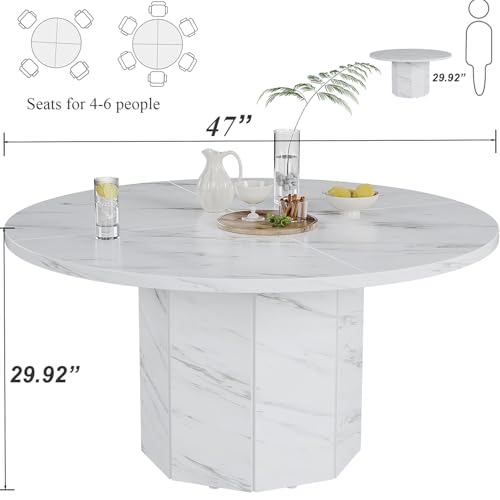 HSH 47 Inch White Faux Marble Round Dining Table for 4-6 People | Modern Wood Table Industrial Circle Kitchen Table for Home Living Room, Wood and Metal Dining Room Desk with Octagon Base - color: White Faux Marble