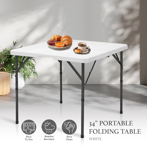 3 Foot Portable Plastic Square Folding Card Table 3FT 34" Half Foldable Heavy Duty Top w/Carry Handle - Indoor Outdoor Camping Picnic Party Wedding Dining Office Event Meeting White - color: White, size: 3 Foot / 34" Square