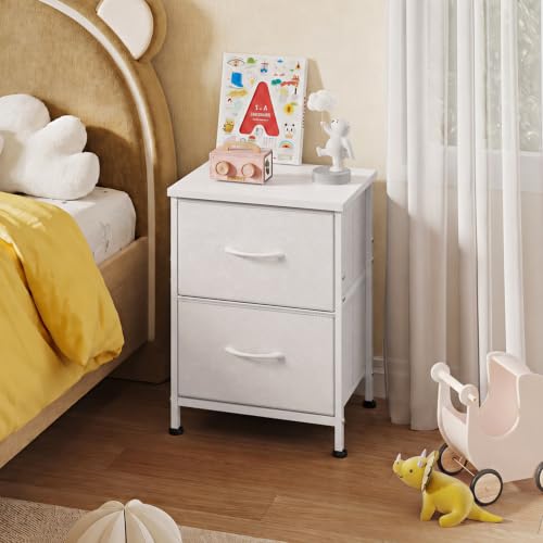 WLIVE White Night Stand, Small Dresser with 2 Drawers & Wooden Top, White | Nightstand with Fabric Bins, Bedside Table End Table for Bedroom, 15-Min Quick-Assembly - color: White, size: 11.8"D x 15.7"W x 20.9"H