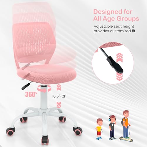 GIANTEX Kids Desk Chair, Adjustable Children Study Chair, Swivel Armless Mesh Task Office Chair, Computer Desk Chair with Adjustable Height & Lumbar Support, Pink - color: Pink