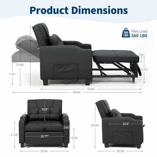 Sleeper Chair Pull Out Bed, 4 in 1 Convertible Sofa Chair Bed with Vibration Massage Lumbar Pillow, Single Sofa Recliner with USB/Type-C Port, Cup Holders and Side Pocket for Small Spaces (Black) - color: Black