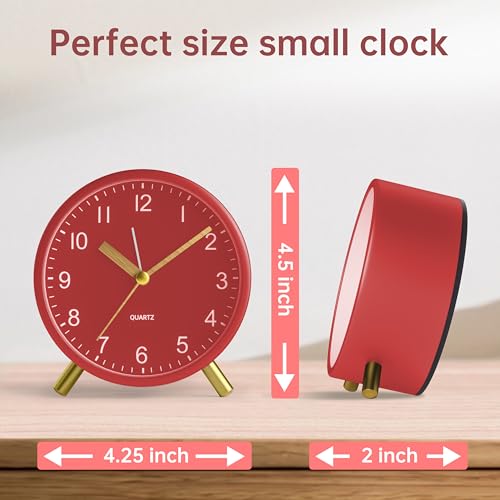 JALL Analog Alarm Clock, 4 inch Super Silent Non Ticking Small Clock with Night Light, Battery Operated, Simple Design, Easy Setting for Office, Bedroom, Bedside, Desk, Teens, Elders, Adult, Red - color: Red+gold