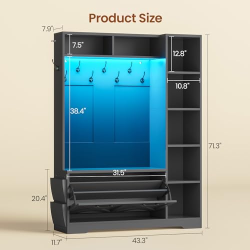Itaar Hall Tree with Bench and Shoe Storage, Farmhouse Entryway Bench with Coat Rack, Shoe Cabinet with Flip Drawers, 7 Shelves, 10 Coat Hooks, Storage Bag, Led Lights, Black - color: Black, size: 11.8"D x 43.3"W x 70.9"H