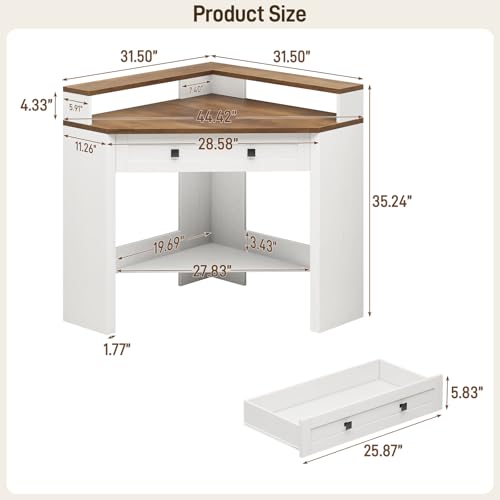 Small Corner Desk, Triangle Computer Desk for Small Space, Rustic White | 31.5" Corner Desk with Drawer and Monitor Stand, Farmhouse Computer Desk with Storage Shelf for Home Office, Living Room