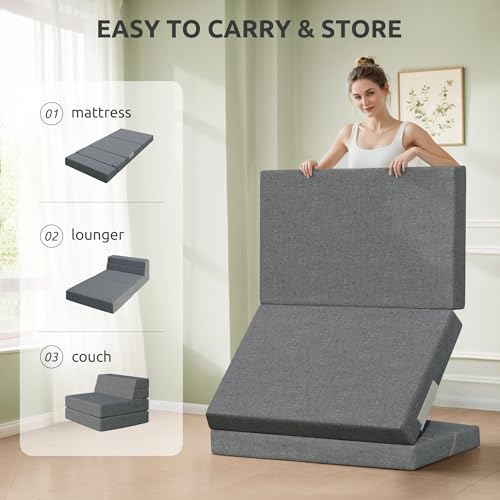 Youzi Foldable Sofa Bed Twin, Sleeper Sofa Bed Couch for Guests, 6 Inches Four-fold Foam Folding Chair for Home and Livingroom, Washable Cover, Dark Gray, 75" x 39" x 6" - size: Twin