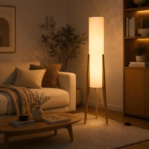 BOFEA-50 Floor Lamps for Living Room,Nordic Modern Floor Lamp,Tall Standing Boho Lamp with Fabric Shade,3 Color Art Standing Lamps,Farmhouse Wood Floor Lamp for Bedroom Office Corner | White Fabric Tall Lamp with Foot Switch&3 Color temperature,Decorative
