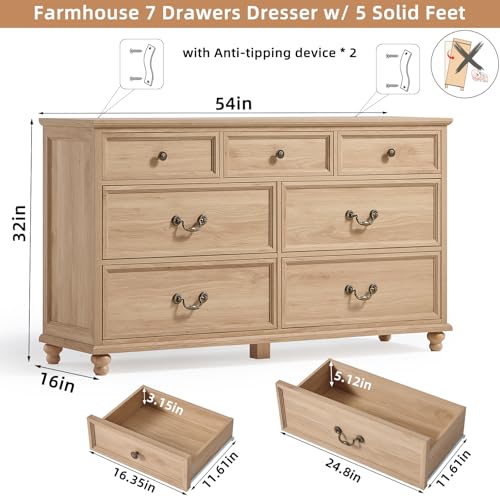 Joaxswe Farmhouse 54" 7 Drawers Dresser for Bedroom, Wide Chest of Drawers w/ 4 Wooden Legs, Vintage Rustic Large Closet Storage Dressers Organizer for Hallway, Wood TV Stand for Living Room, Natural - color: Natural, size: 16"D x 54"W x 32"H (7 Drawers)