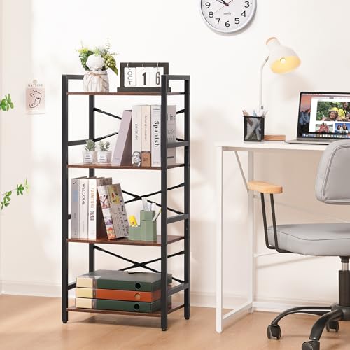 Yoobure 4 Tier Bookshelf - Small Book Shelf Industrial Bookcase, Narrow Book Case Book Storage Organizer for CD/Movie/Book, Bookshelves for Bedroom Office Living Room Berry Brown - color: Berry Brown, size: 4 Tier