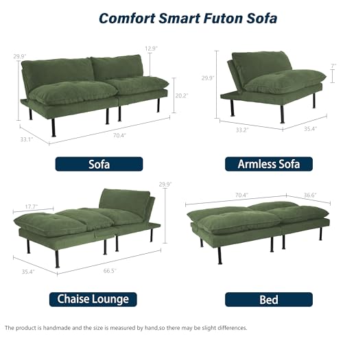 Ribilake 2 Sets 70" Futon Sofa Bed, 4 in 1 Multi-Function Couch Sleeper with Adjustable Backrest, Modern Convertible Futon, Recliner Small Loveseat for Living Room, Green - color: Green, size: 2 Sets