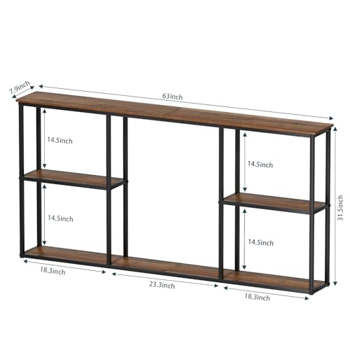 WOHOMO 63 in Entryway Table Modern Sofa Table with Shelves Walnut | 12 Inch Narrow Console Table for Living Room, 63" Hallway Table for Corridor, with 3-Tier Storage - color: Walnut, size: 63"